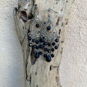 Silver tone and black chandelier earrings